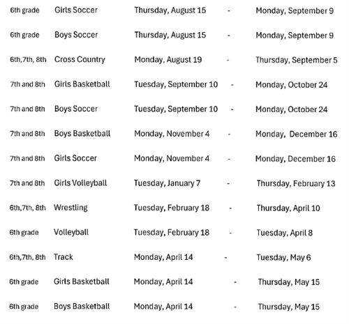 Schedule for 6th-8th grade sports, including soccer, basketball, cross country, volleyball, wrestling, and track with date