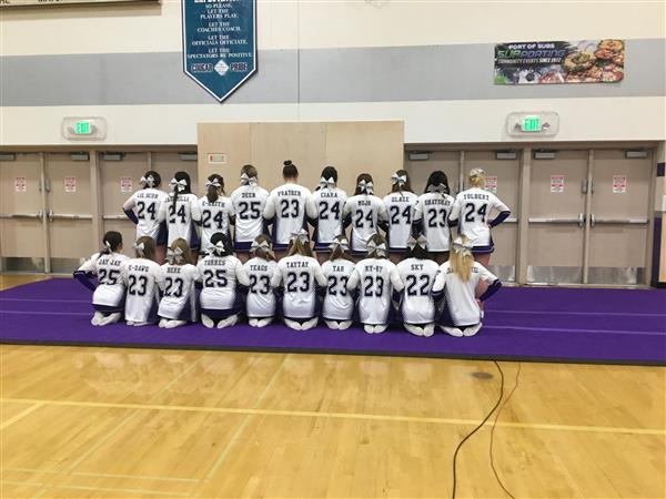 SSHS cheer team in the back of the sshs gym line up in a group